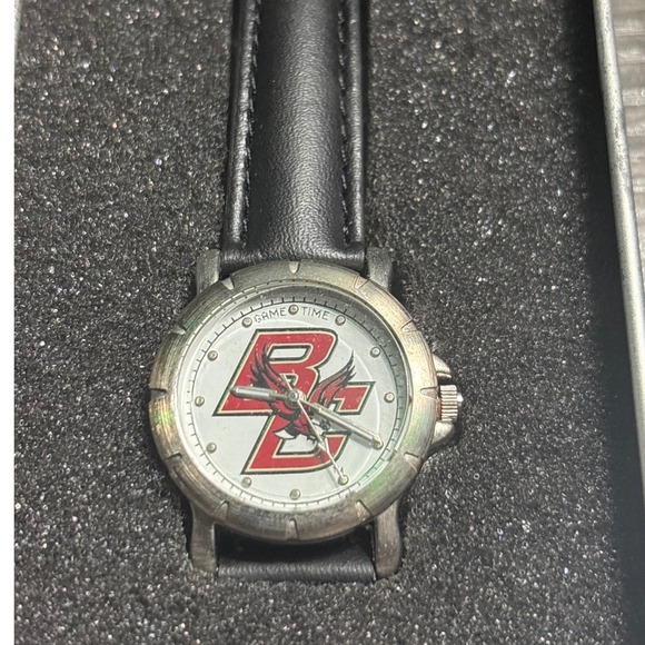 Game Time Accessories - GameTime Boston College Eagles Wristwatch Black Genuine Leather Band Silver Tone